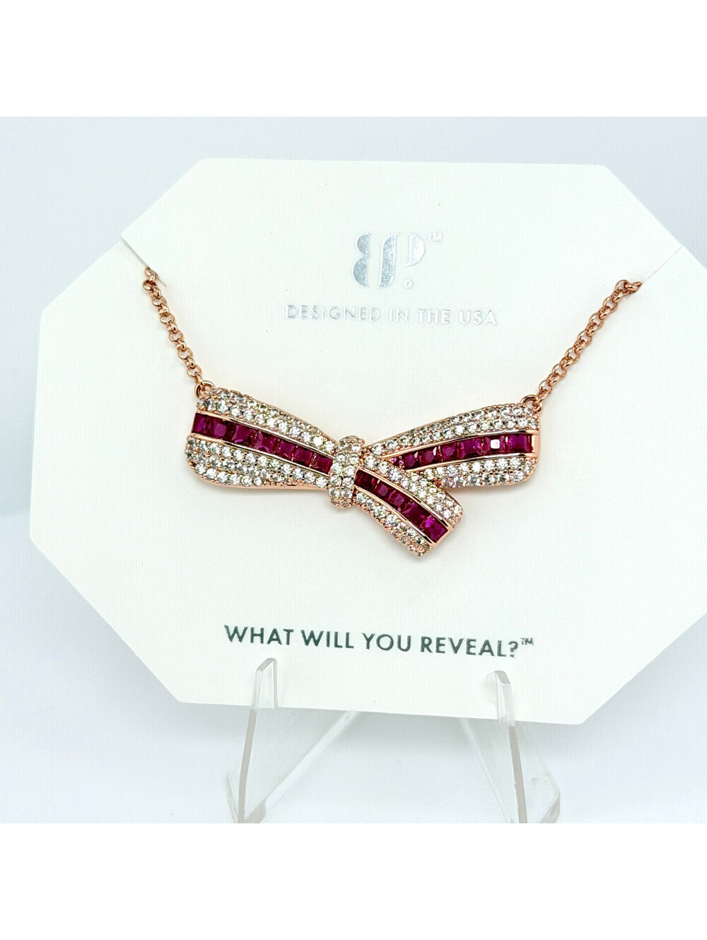 Bomb Party July Necklace “A Beloved Connection” (The Bow) LC Ruby on Rose Gold